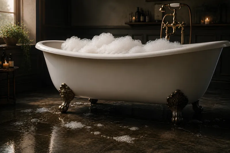 A full bathtub with bubbles, with some leaked water alongside.